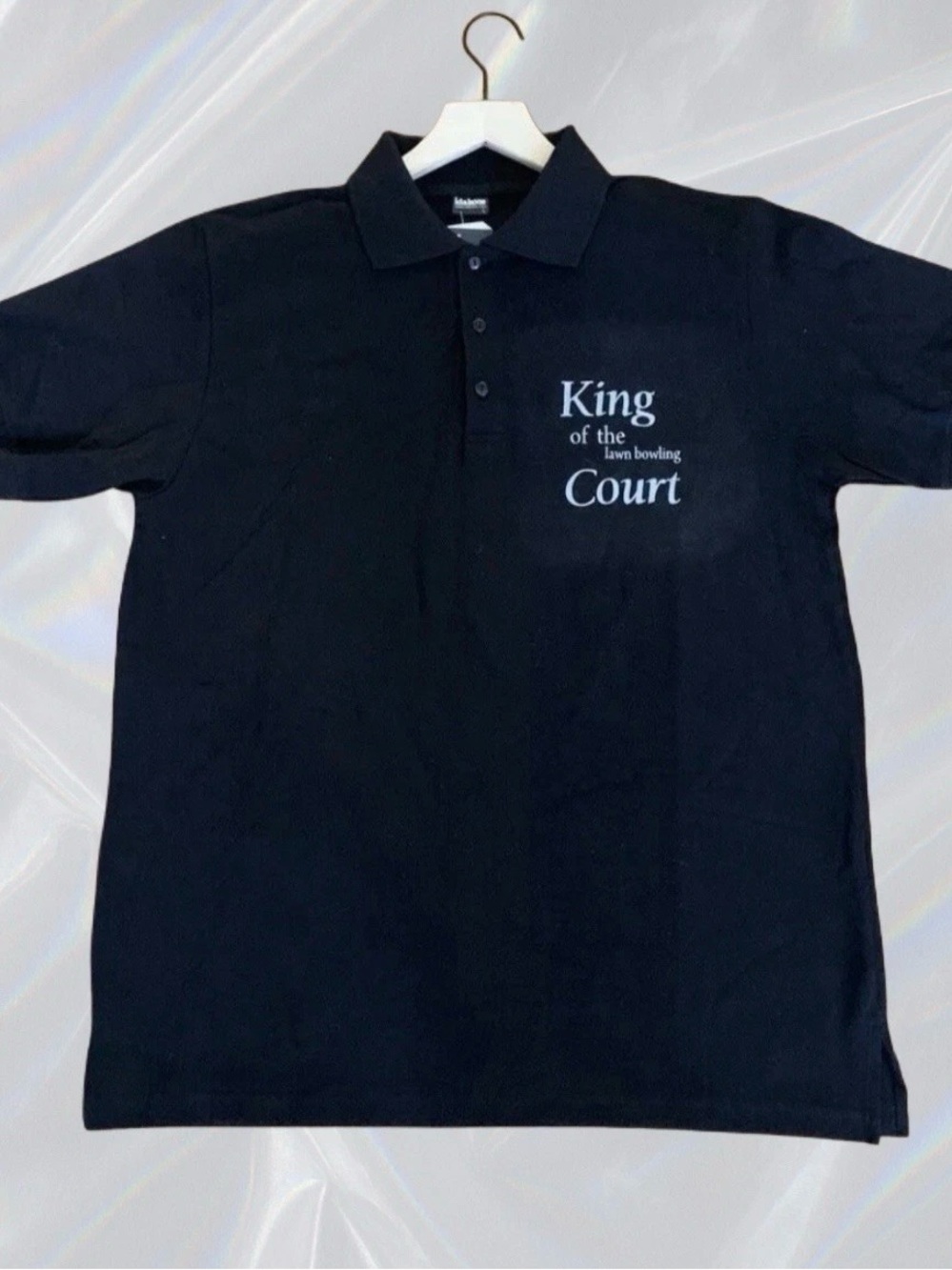 Idakoos NWT “King Of The Lawn Bowling Court” Men’s Black Short Sleeve Polo Sz L